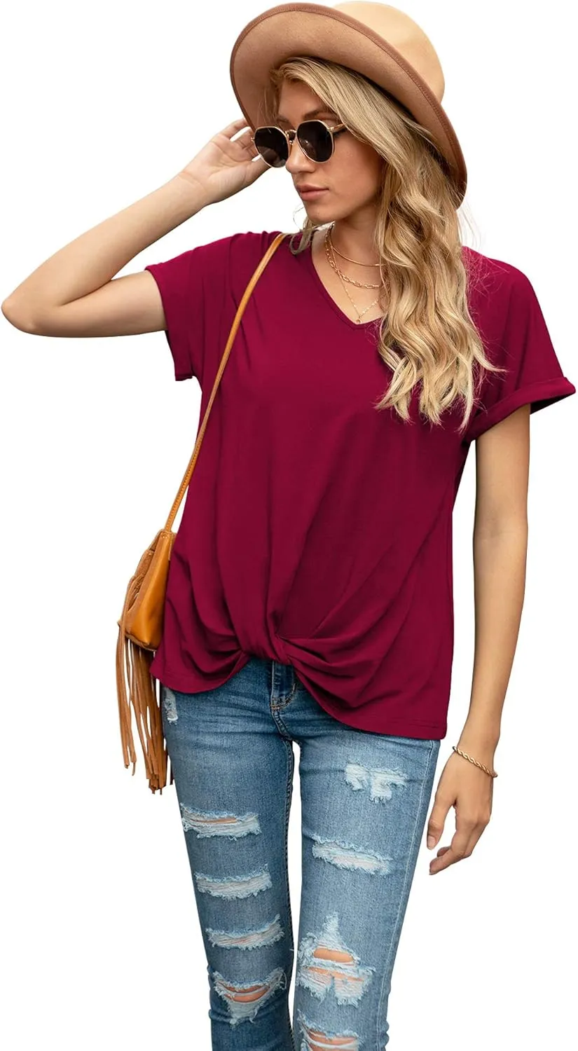 Iandroiy Women's Comfy Casual Summer Tops Short Sleeve V Neck Blouses T Shirts Twist Knot Tees