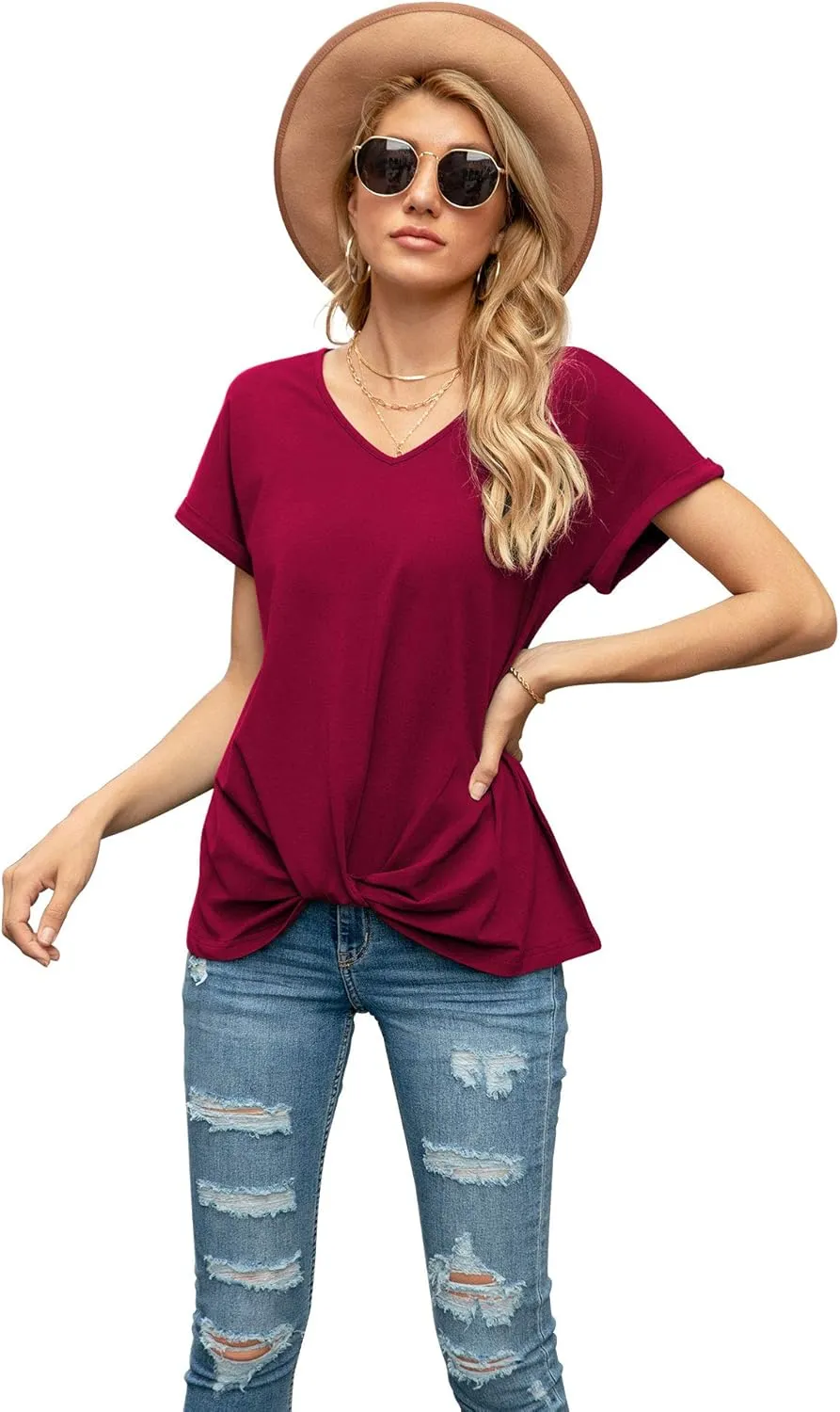 Iandroiy Women's Comfy Casual Summer Tops Short Sleeve V Neck Blouses T Shirts Twist Knot Tees