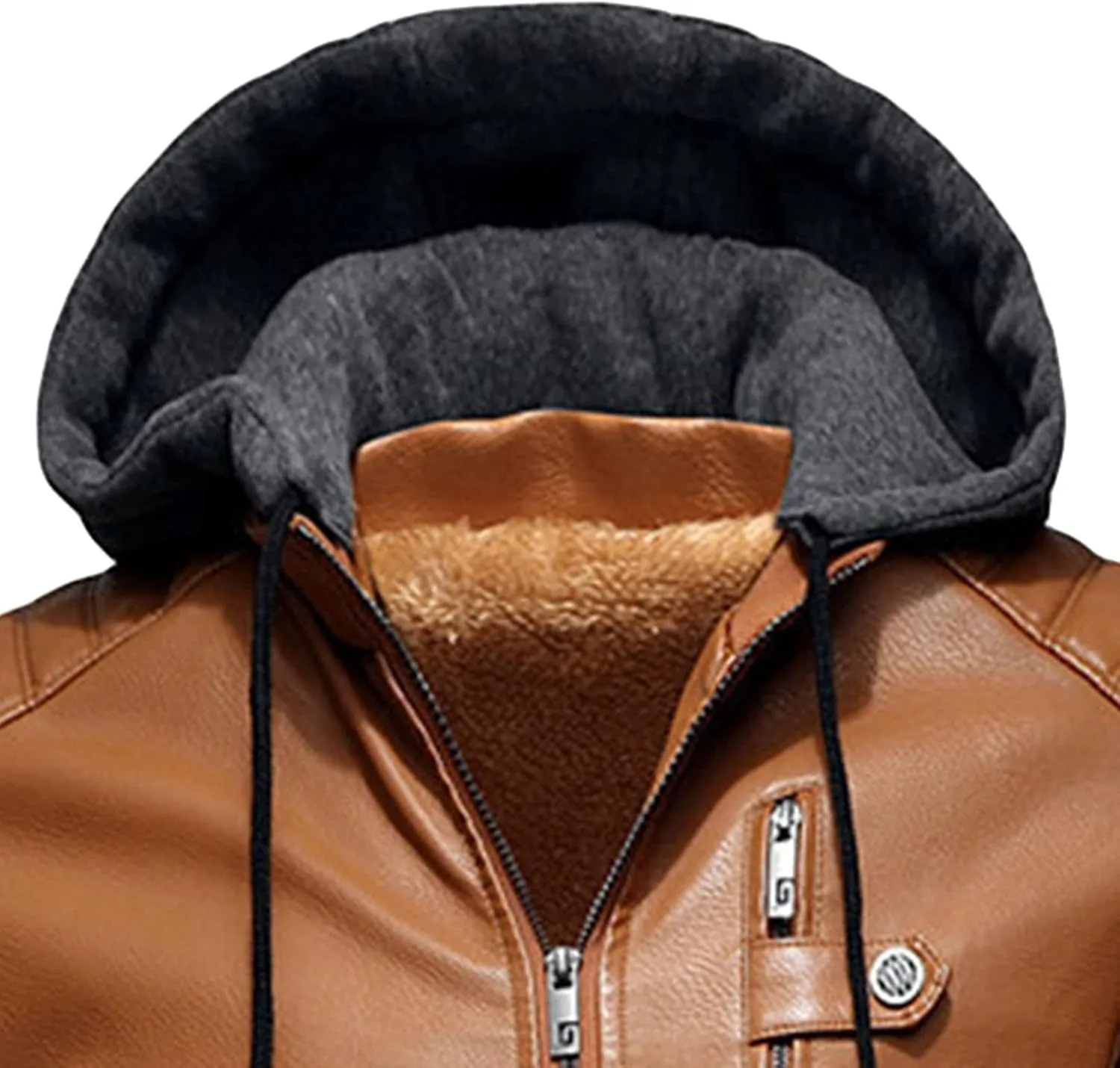 JEShifangjiusu Men'S Sheepskin Shearling Hooded PU Leather Padded Jacket Aviator Coat Winter Motorcycle Biker Bomber Jacket