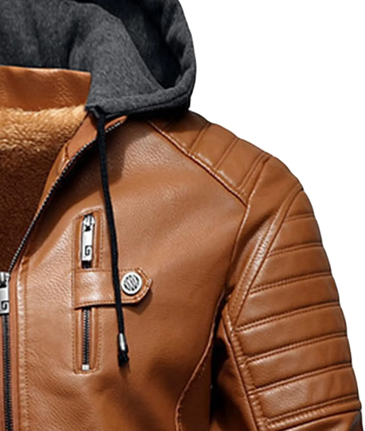 JEShifangjiusu Men'S Sheepskin Shearling Hooded PU Leather Padded Jacket Aviator Coat Winter Motorcycle Biker Bomber Jacket