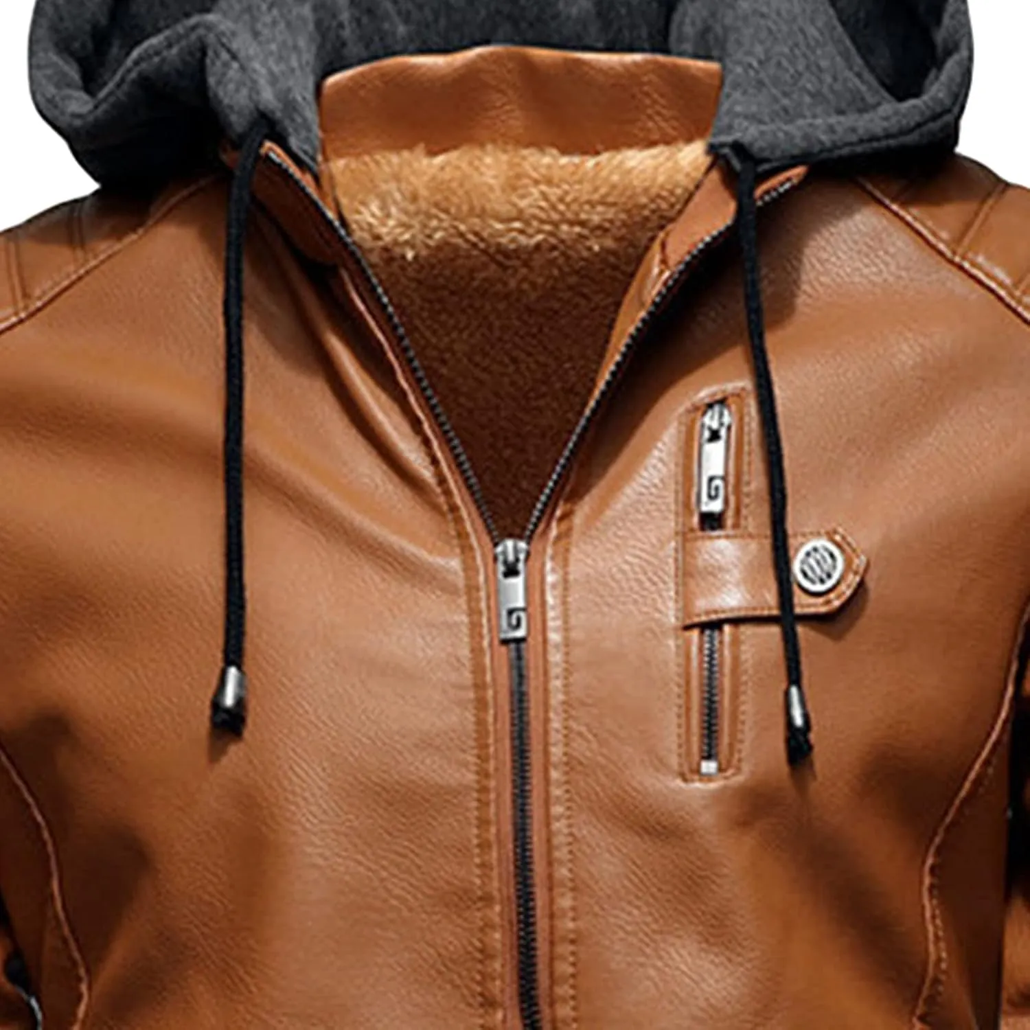 JEShifangjiusu Men'S Sheepskin Shearling Hooded PU Leather Padded Jacket Aviator Coat Winter Motorcycle Biker Bomber Jacket