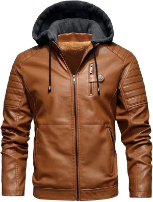 JEShifangjiusu Men'S Sheepskin Shearling Hooded PU Leather Padded Jacket Aviator Coat Winter Motorcycle Biker Bomber Jacket