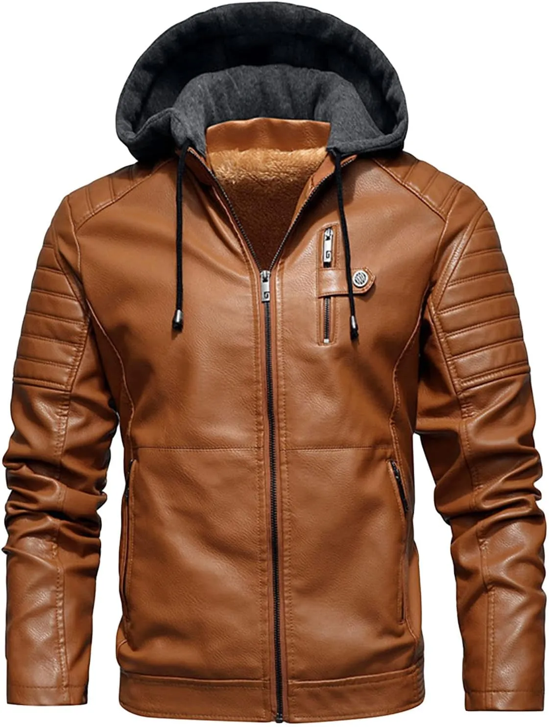 JEShifangjiusu Men'S Sheepskin Shearling Hooded PU Leather Padded Jacket Aviator Coat Winter Motorcycle Biker Bomber Jacket