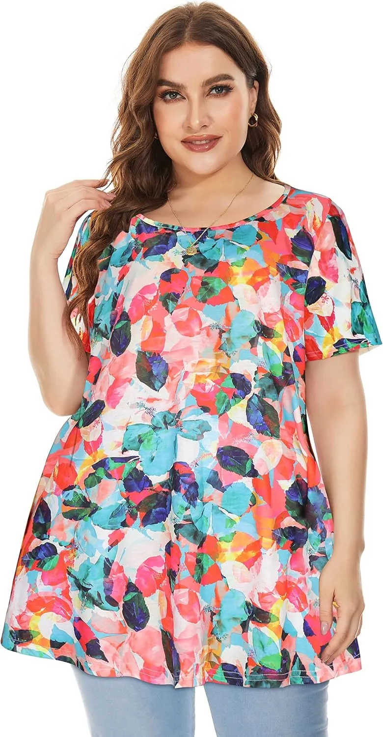 JOELLYUS Plus Size Tops for Women Tunic Floral Casual Short Sleeves T Shirts Flowy Blouses