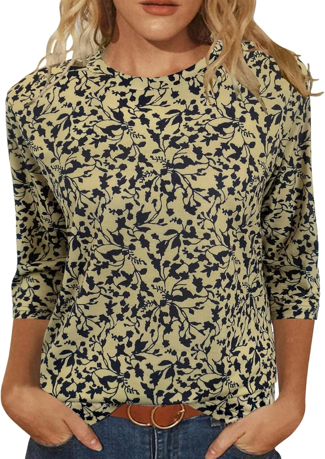 JomeDesign Womens Tops 3/4 Sleeve Shirts Round Neck Loose Casual Blouses Floral Print Tshirts