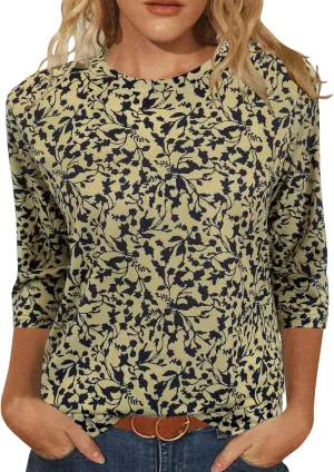JomeDesign Womens Tops 3/4 Sleeve Shirts Round Neck Loose Casual Blouses Floral Print Tshirts
