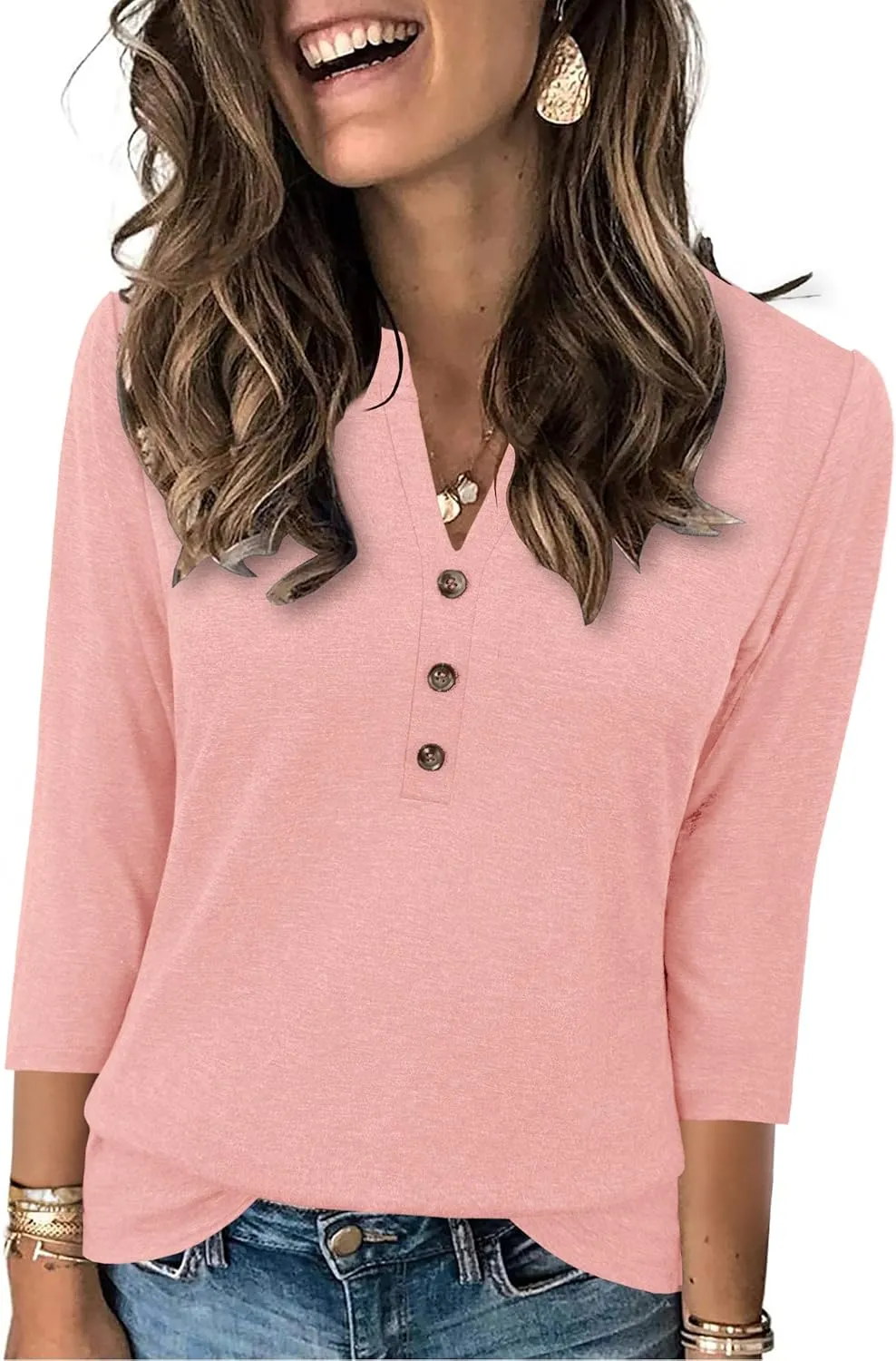 JomeDesign Womens Tops 3/4 Sleeve V Neck Shirts Dressy Casual Tunic Blouses Summer Tees