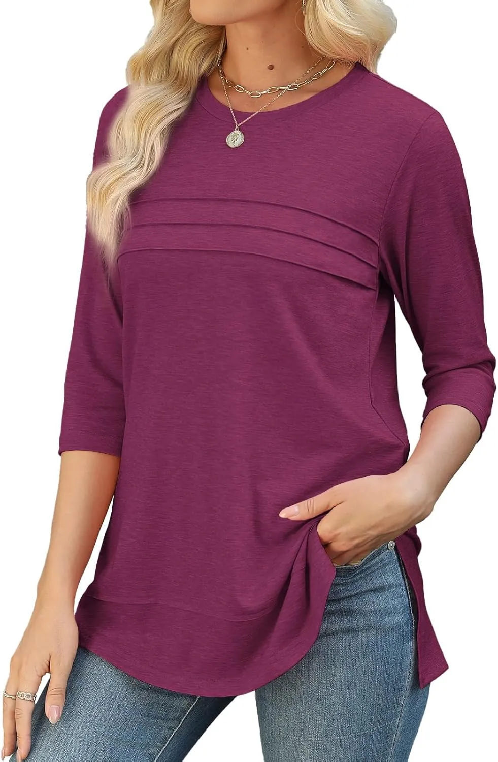 JomeDesign Womens Tunic Tops 3/4 Sleeve Shirts Loose Casual Blouses Side Split Summer Tees