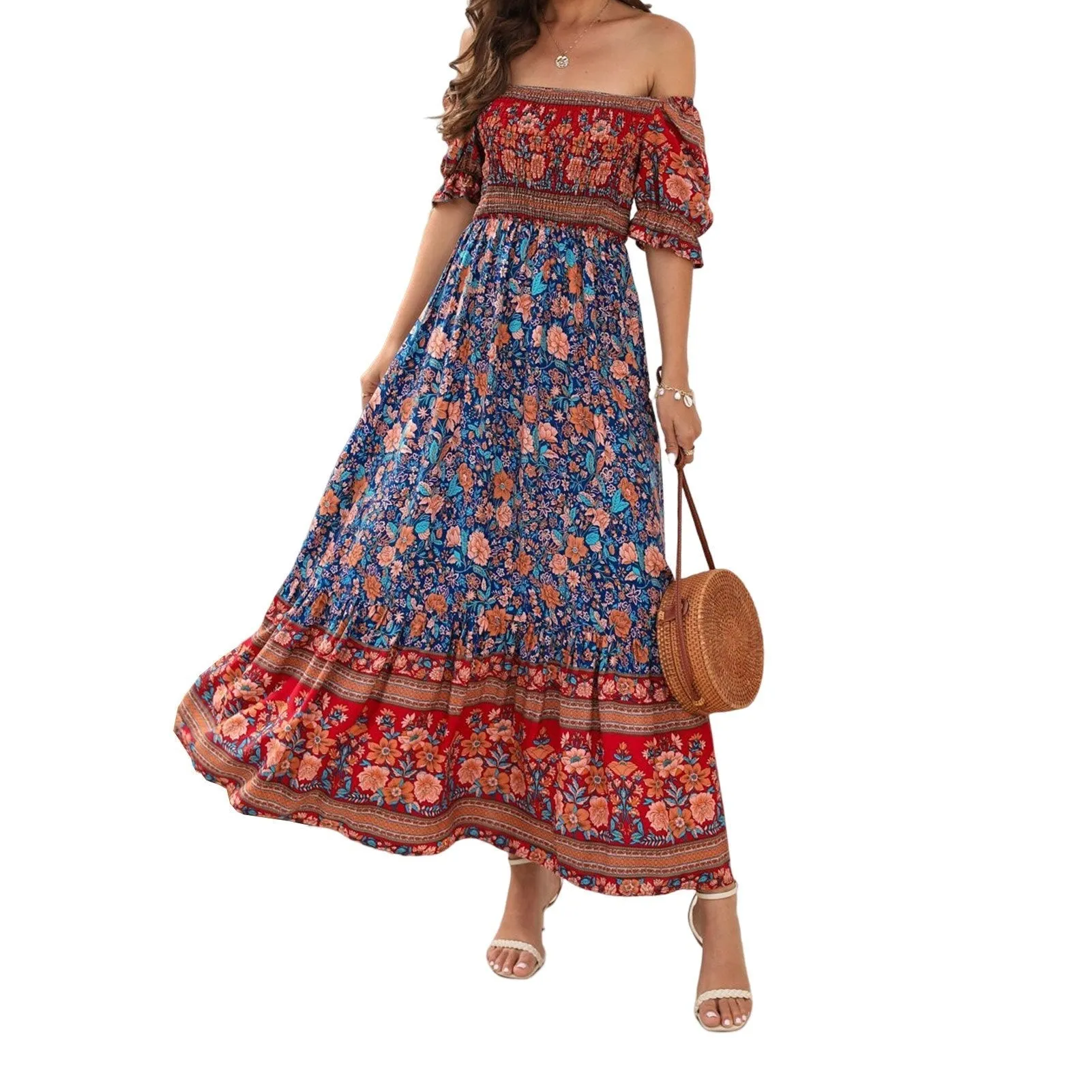 JuliaFashion - 2024 Square Collar Floral Maxi Dress