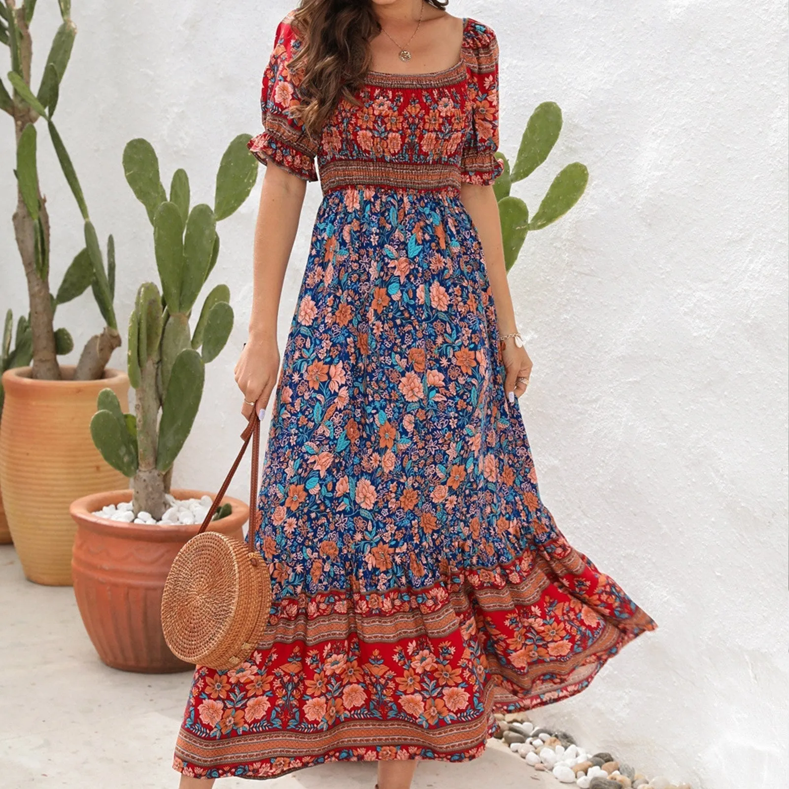 JuliaFashion - 2024 Square Collar Floral Maxi Dress