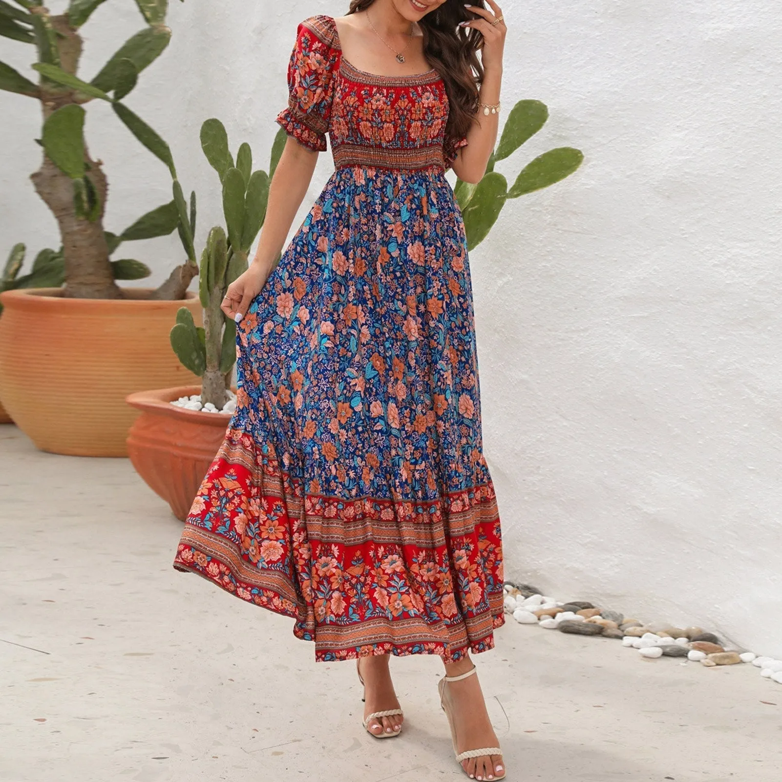 JuliaFashion - 2024 Square Collar Floral Maxi Dress