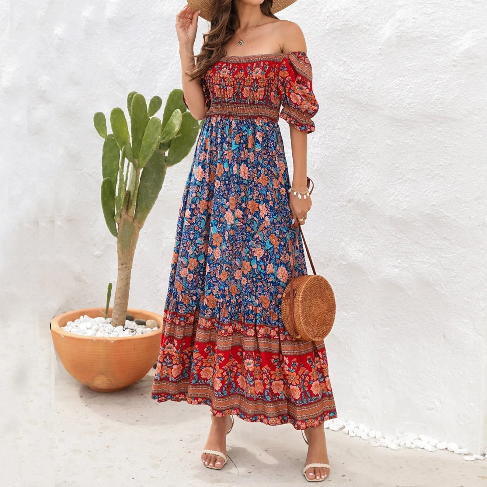 JuliaFashion - 2024 Square Collar Floral Maxi Dress