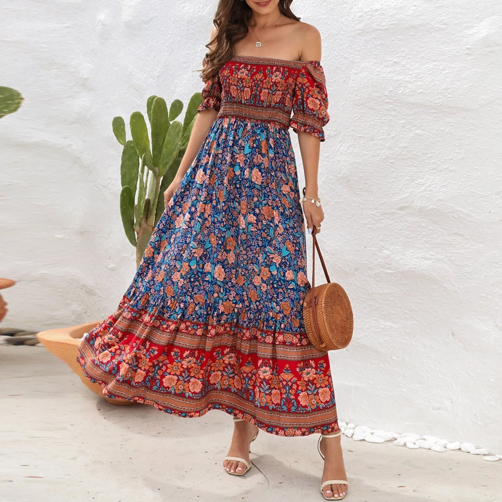 JuliaFashion - 2024 Square Collar Floral Maxi Dress