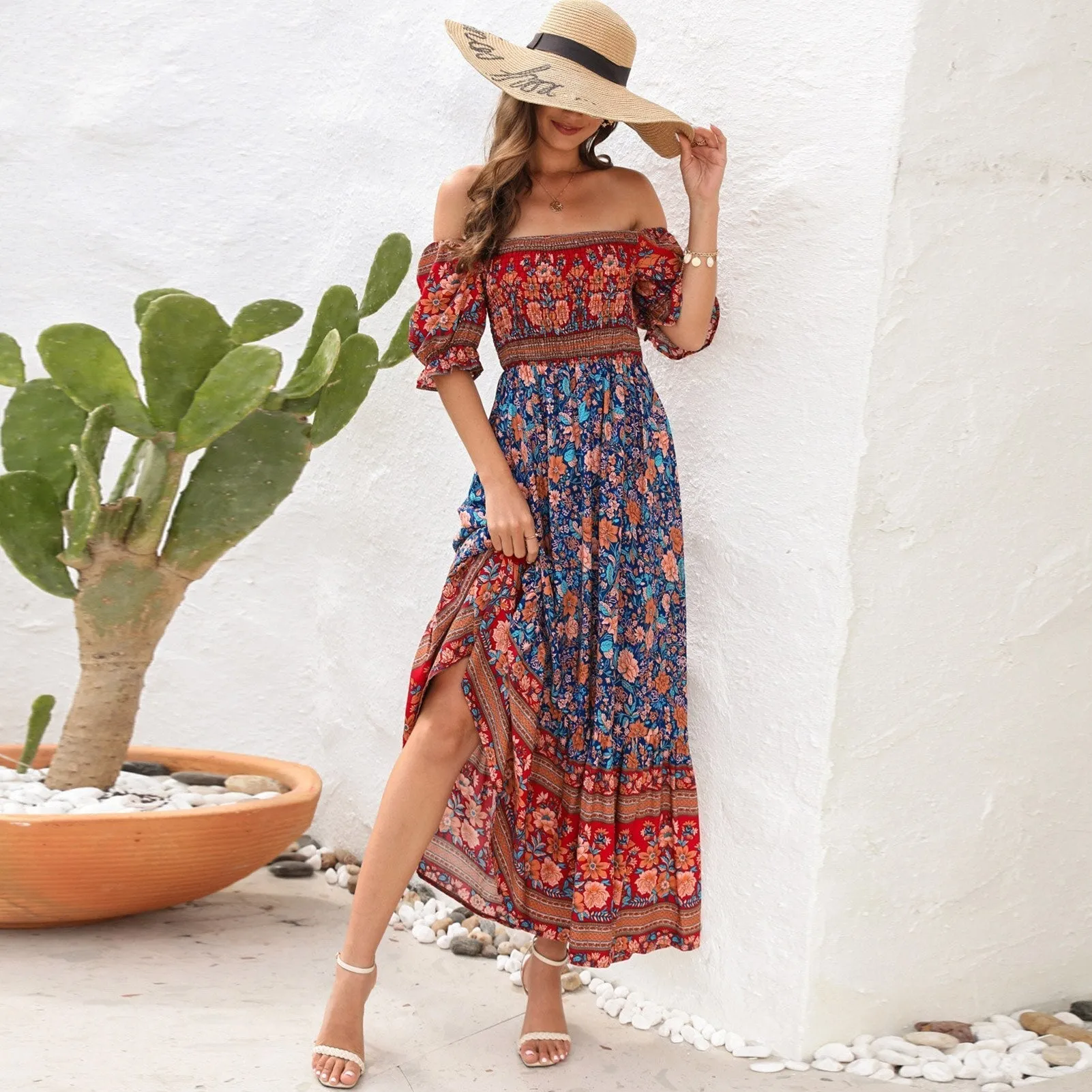 JuliaFashion - 2024 Square Collar Floral Maxi Dress