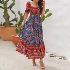 JuliaFashion - 2024 Square Collar Floral Maxi Dress