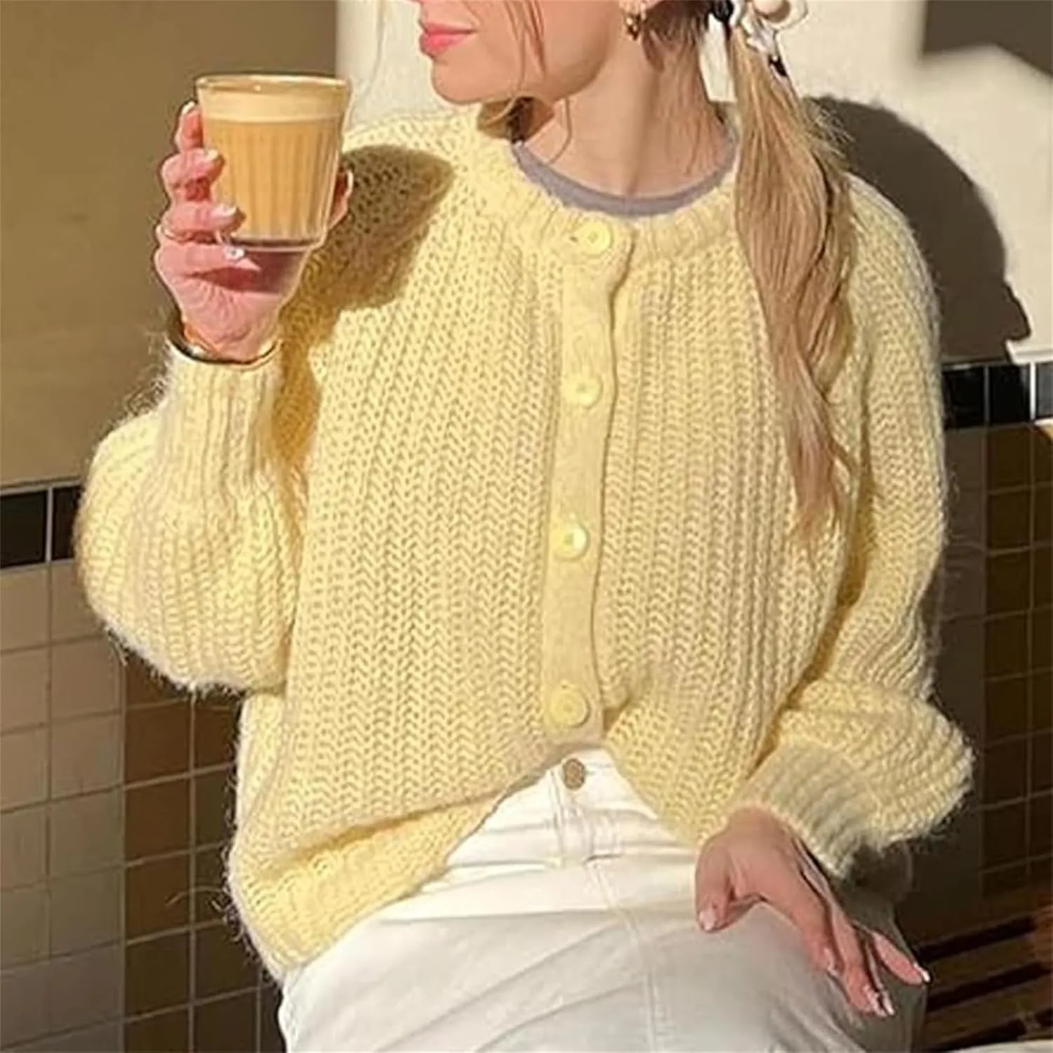 KEOMUD Women's Long Sleeve Cardigan Sweaters 2025 Spring Casual Crewneck Button Down Chunky Knit Cardigans