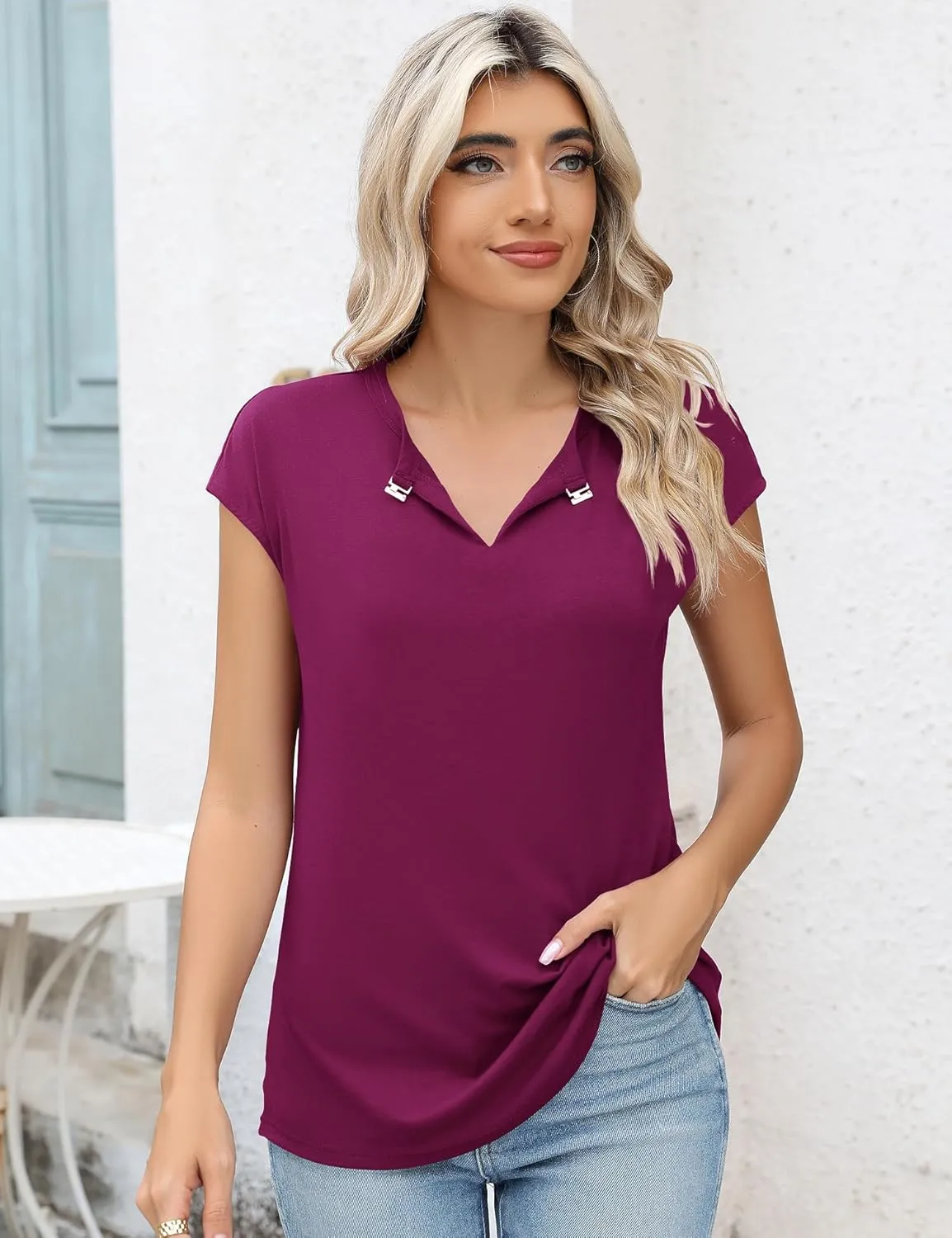 Kistore Women's Summer Casual V Neck Tank Tops Cap Sleeve Loose Fit Blouses Tunic Shirts