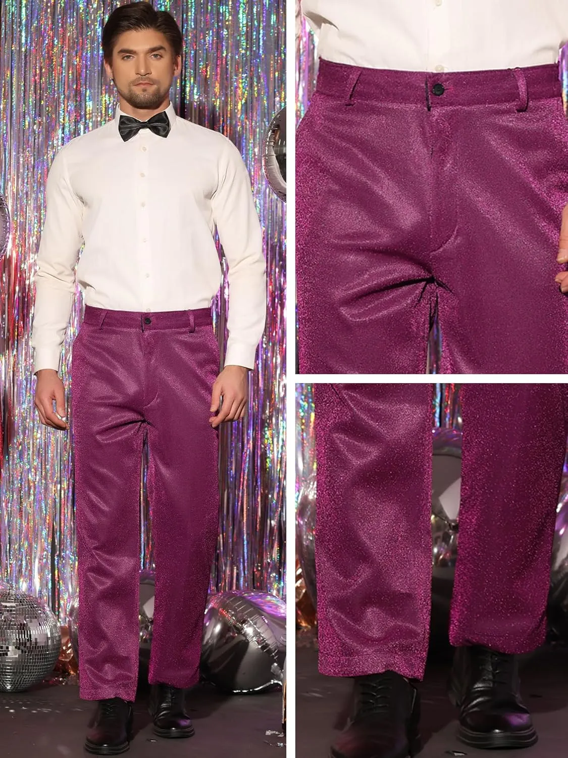 Lars Amadeus Metallic Pants for Men's Straight Leg Party Nightclub Glitter Dress Trouser