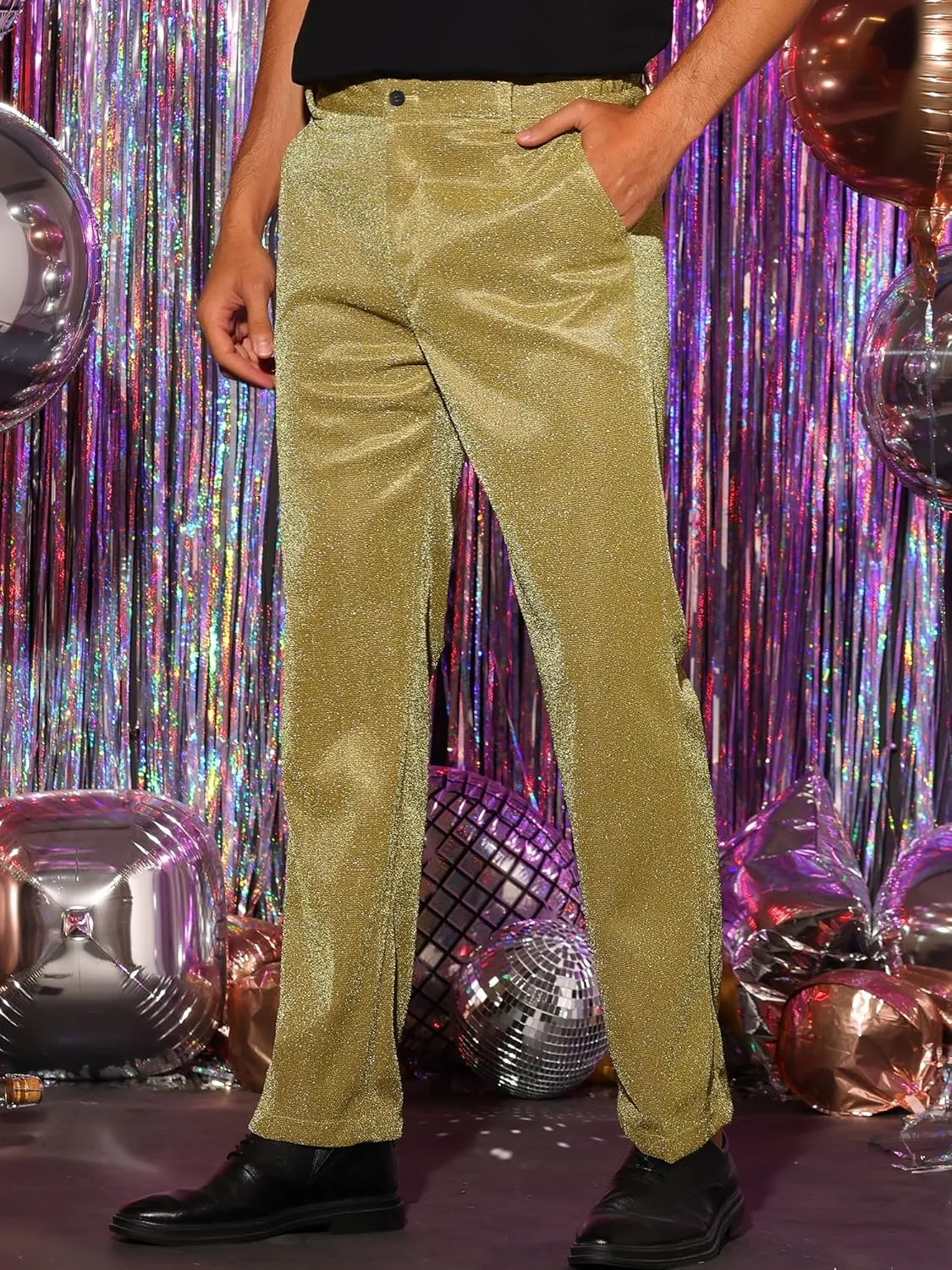 Lars Amadeus Metallic Pants for Men's Straight Leg Party Nightclub Glitter Dress Trouser