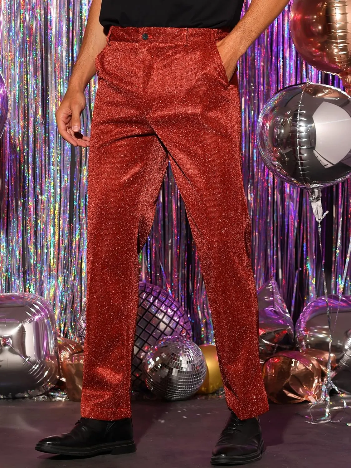 Lars Amadeus Metallic Pants for Men's Straight Leg Party Nightclub Glitter Dress Trouser