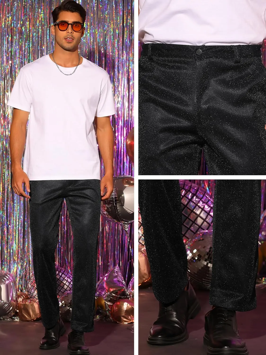 Lars Amadeus Metallic Pants for Men's Straight Leg Party Nightclub Glitter Dress Trouser