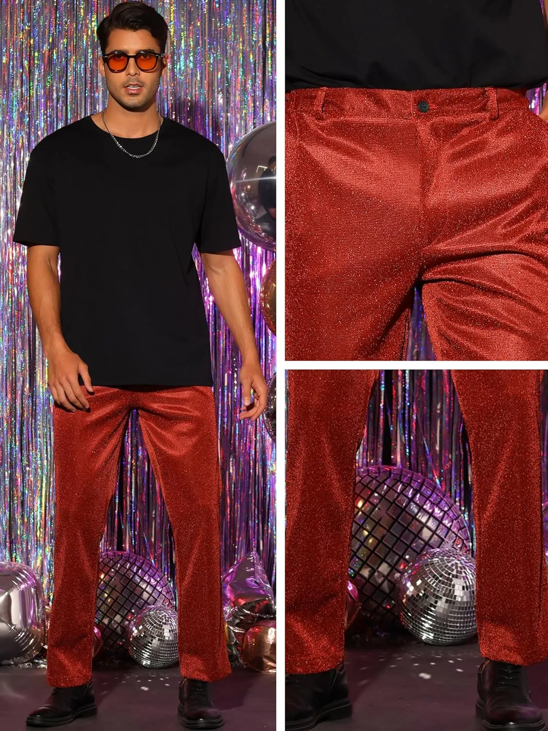 Lars Amadeus Metallic Pants for Men's Straight Leg Party Nightclub Glitter Dress Trouser