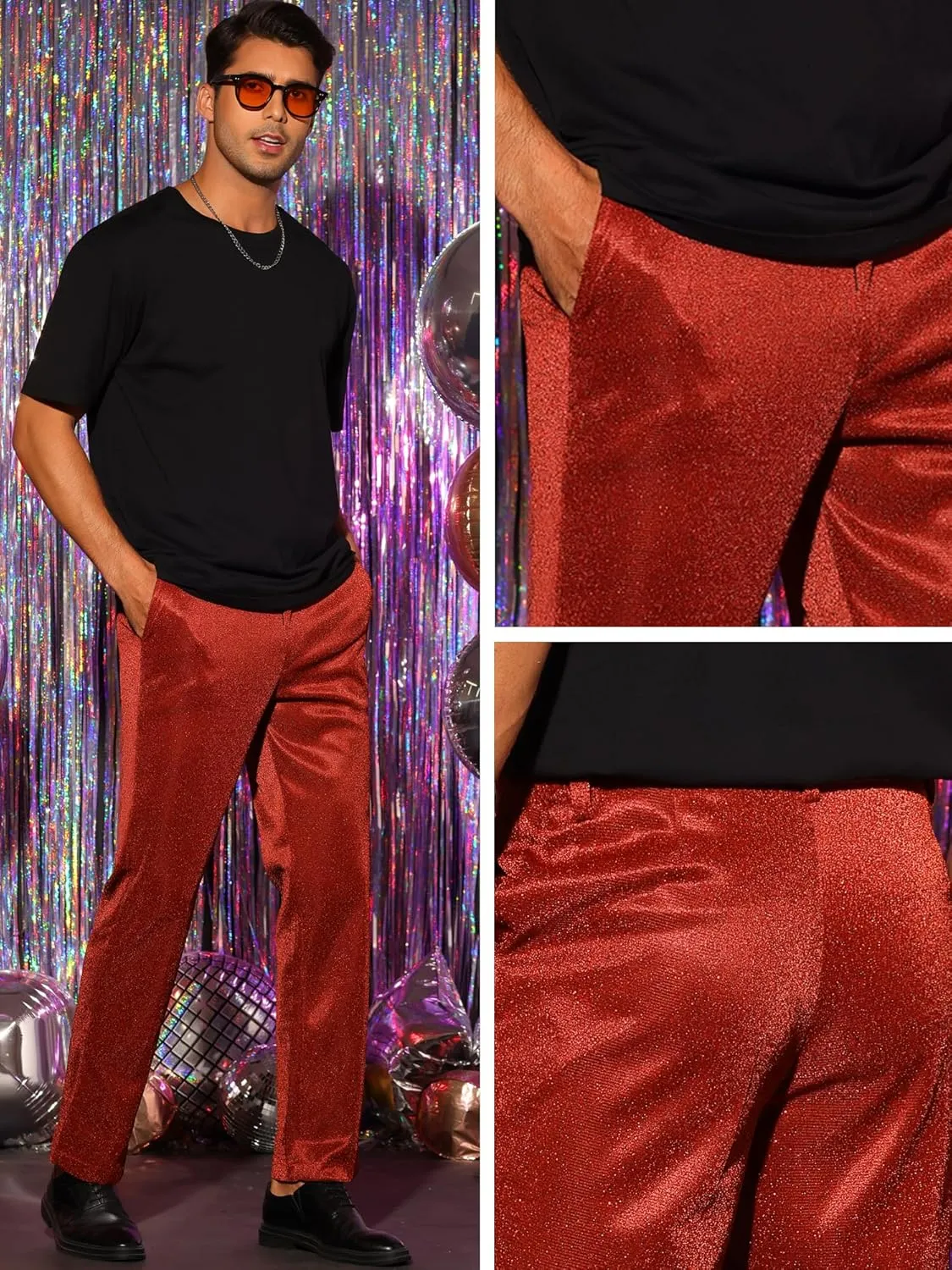 Lars Amadeus Metallic Pants for Men's Straight Leg Party Nightclub Glitter Dress Trouser