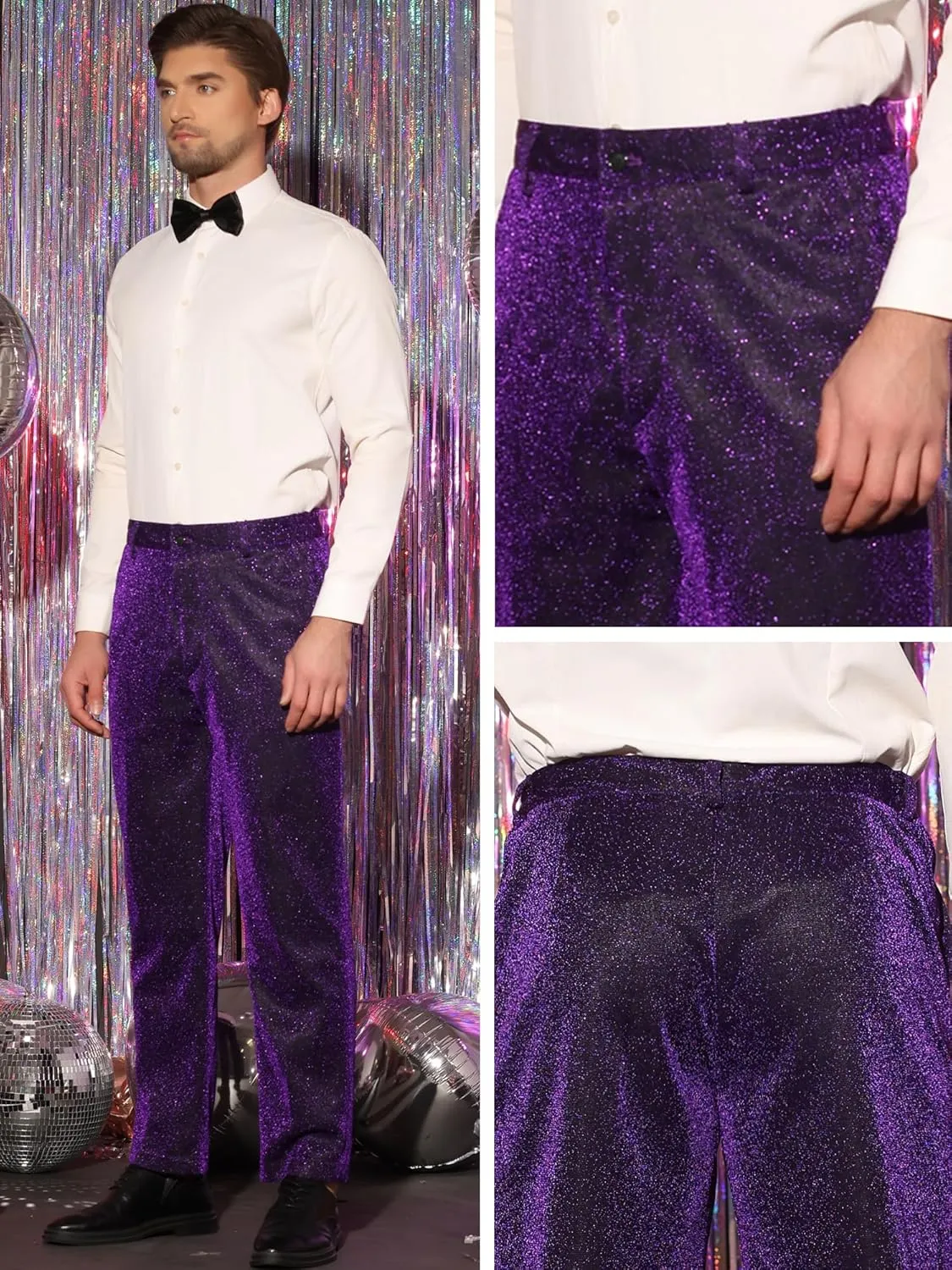 Lars Amadeus Metallic Pants for Men's Straight Leg Party Nightclub Glitter Dress Trouser