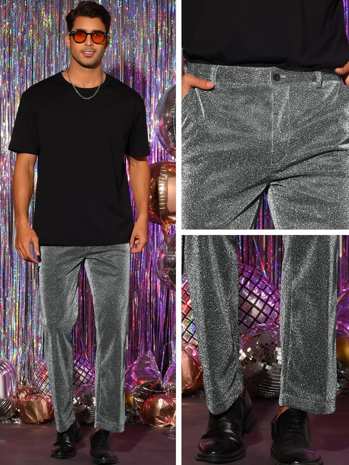 Lars Amadeus Metallic Pants for Men's Straight Leg Party Nightclub Glitter Dress Trouser