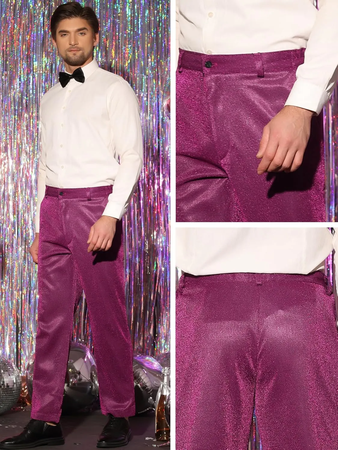 Lars Amadeus Metallic Pants for Men's Straight Leg Party Nightclub Glitter Dress Trouser