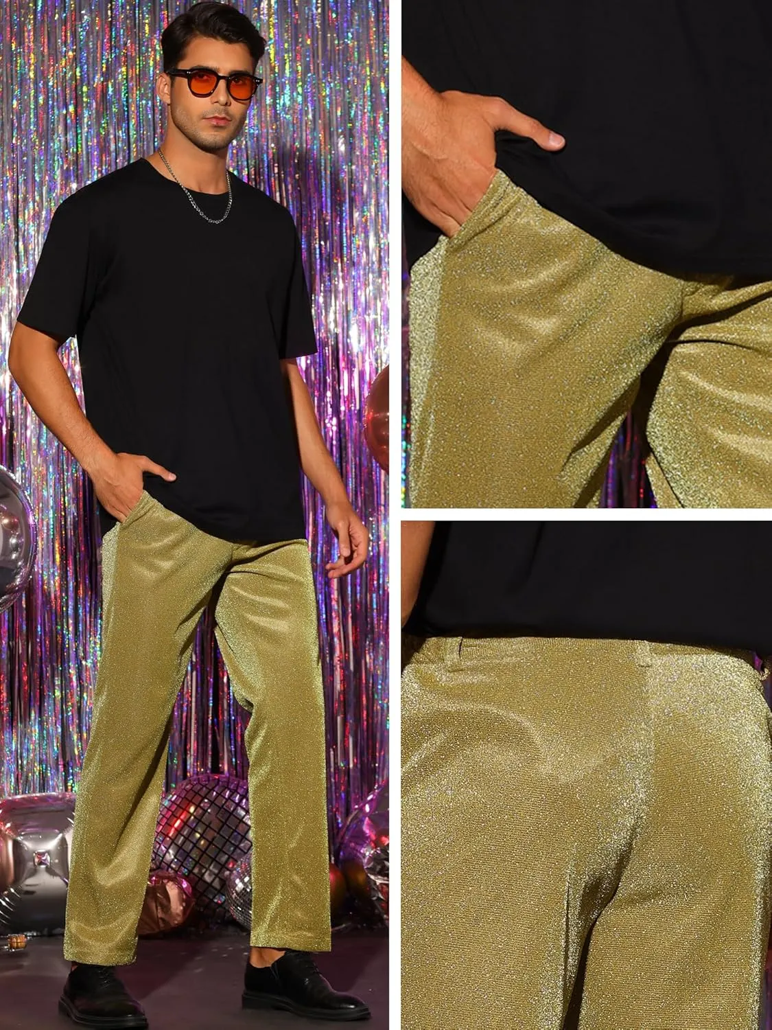 Lars Amadeus Metallic Pants for Men's Straight Leg Party Nightclub Glitter Dress Trouser