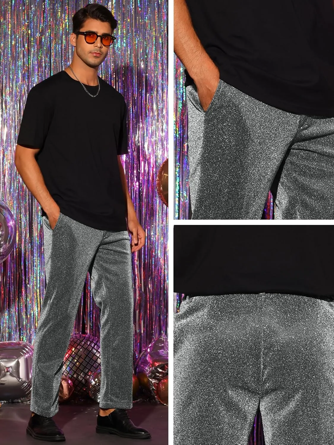 Lars Amadeus Metallic Pants for Men's Straight Leg Party Nightclub Glitter Dress Trouser