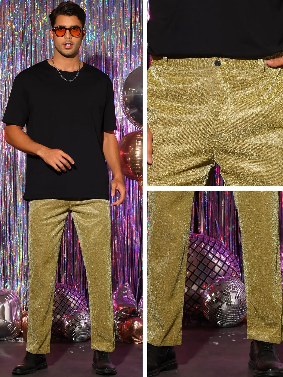 Lars Amadeus Metallic Pants for Men's Straight Leg Party Nightclub Glitter Dress Trouser