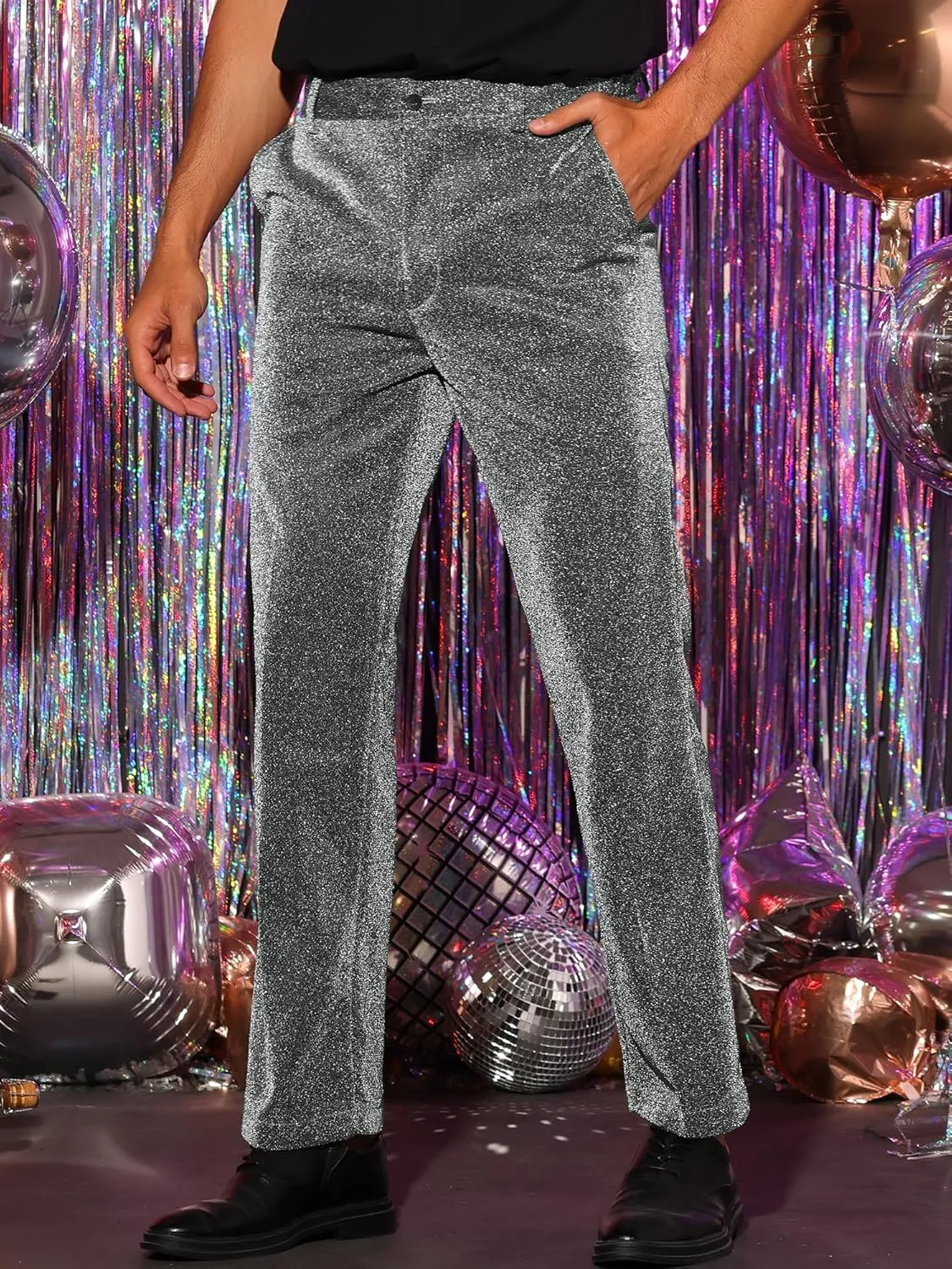 Lars Amadeus Metallic Pants for Men's Straight Leg Party Nightclub Glitter Dress Trouser