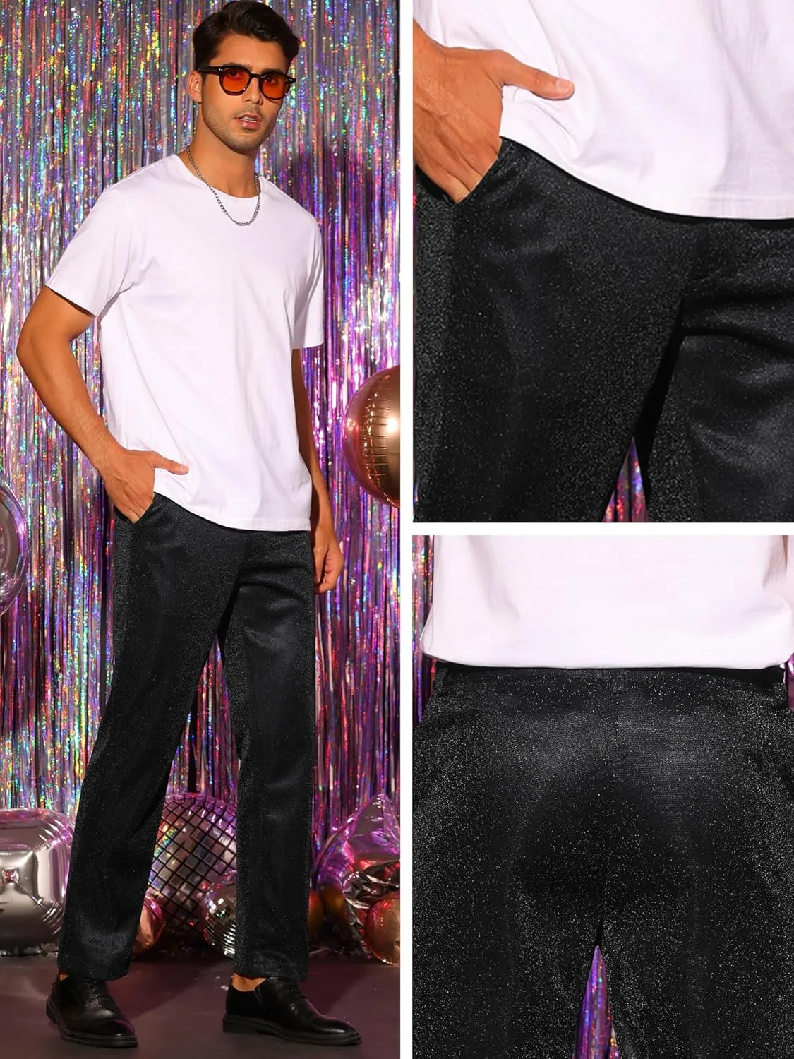 Lars Amadeus Metallic Pants for Men's Straight Leg Party Nightclub Glitter Dress Trouser