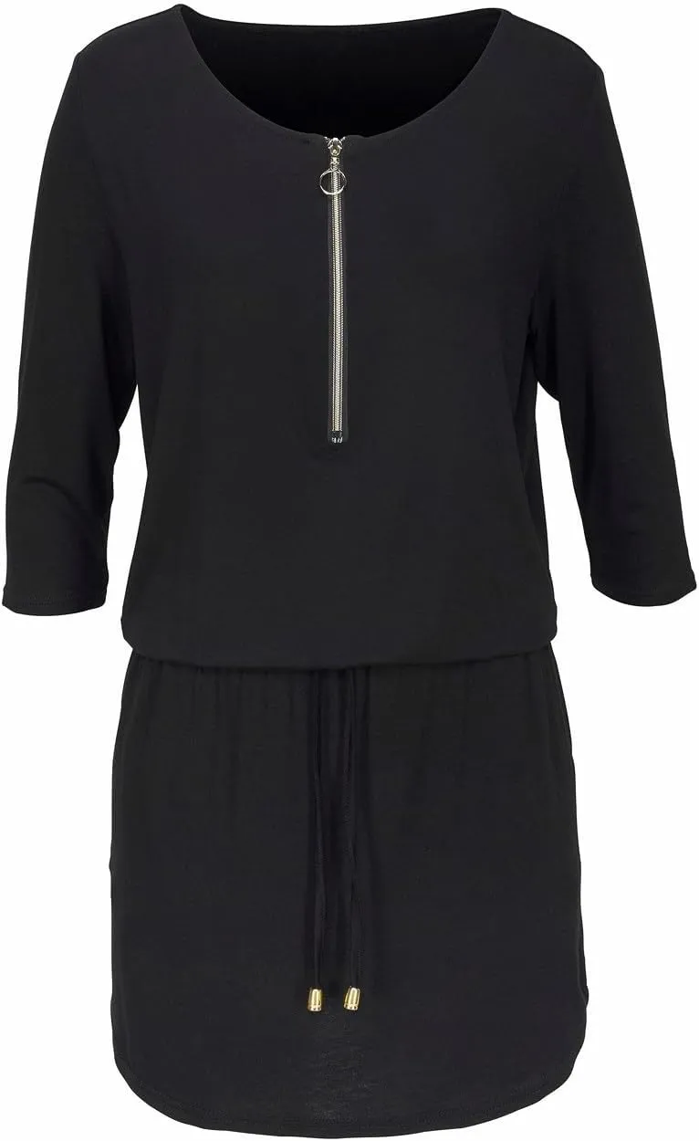 LASCANA Women's Zipper Detail Mini Dress - Elastic Waistband with Drawstring, Side Pockets, Summer Sundress
