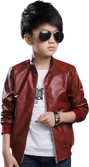 Leather Jacket for Kids Boys Motocycle Lightweight Windbreaker Rock RED