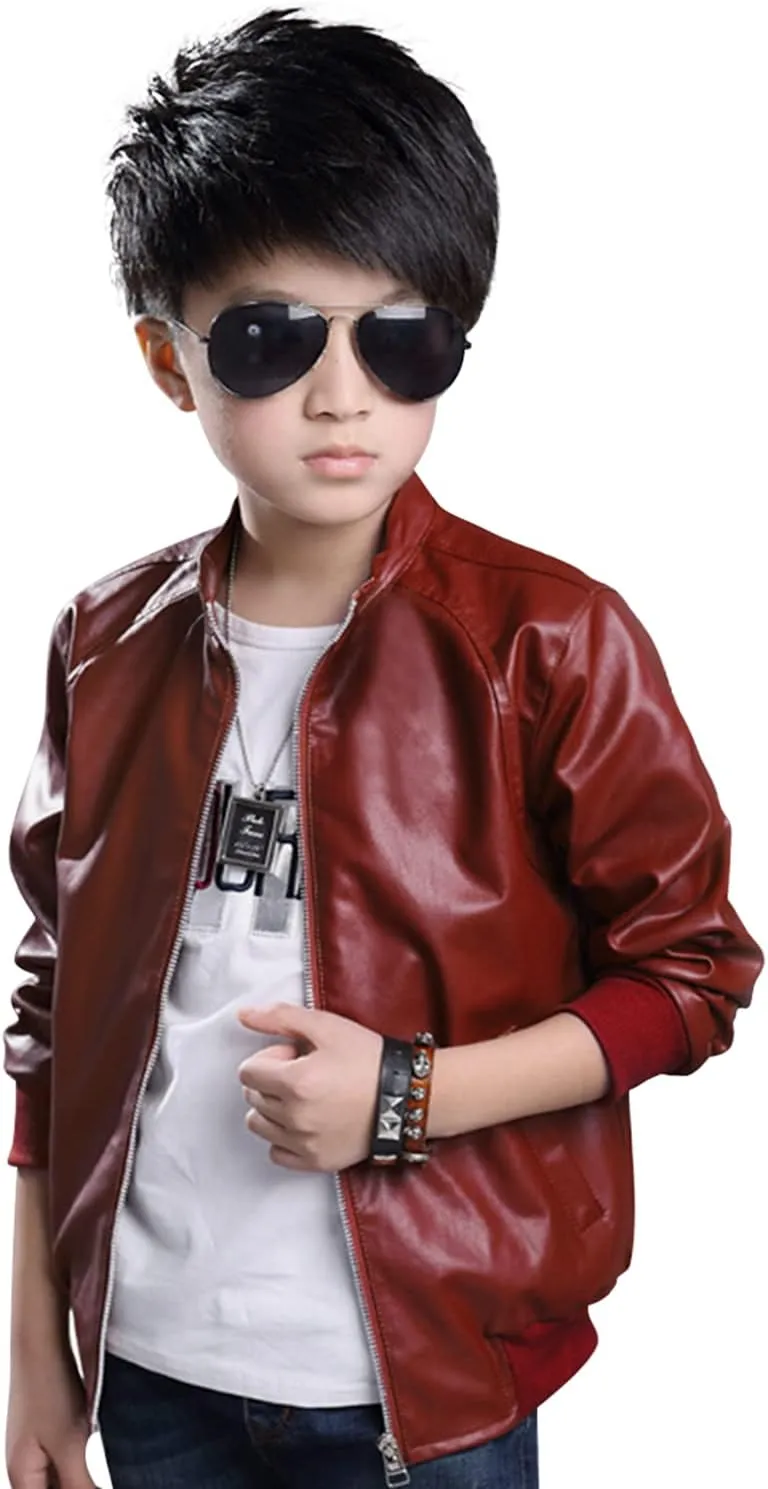 Leather Jacket for Kids Boys Motocycle Lightweight Windbreaker Rock RED