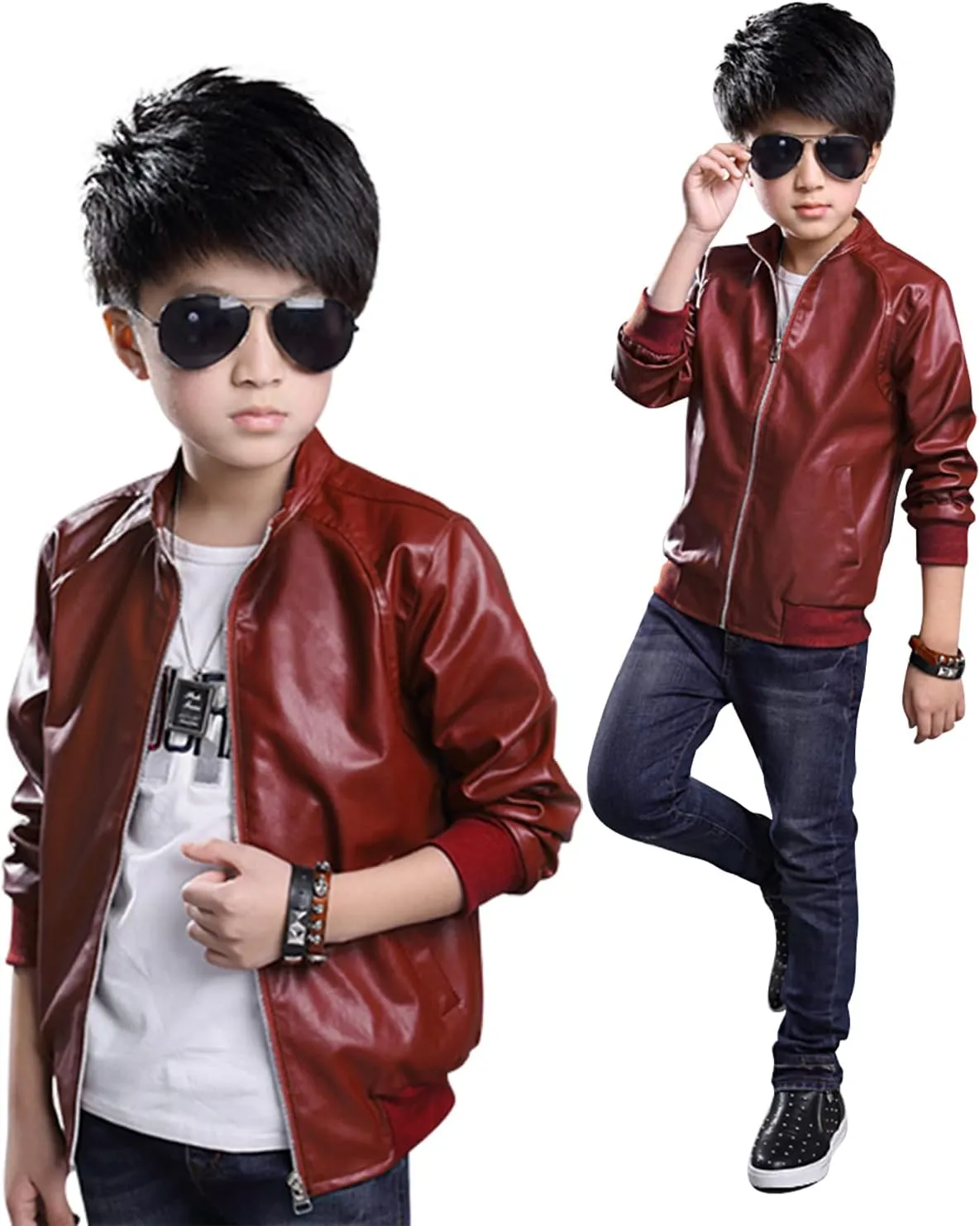 Leather Jacket for Kids Boys Motocycle Lightweight Windbreaker Rock RED