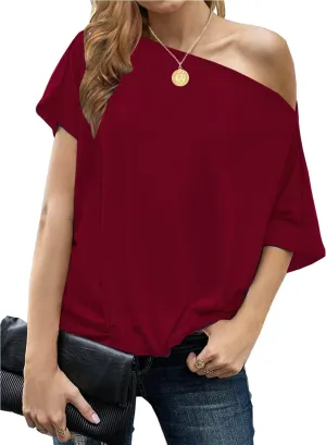 LEIYEE Womens Off Shoulder Tops Summer Casual Short Sleeve Front Twist Knot T Shirts Blouses