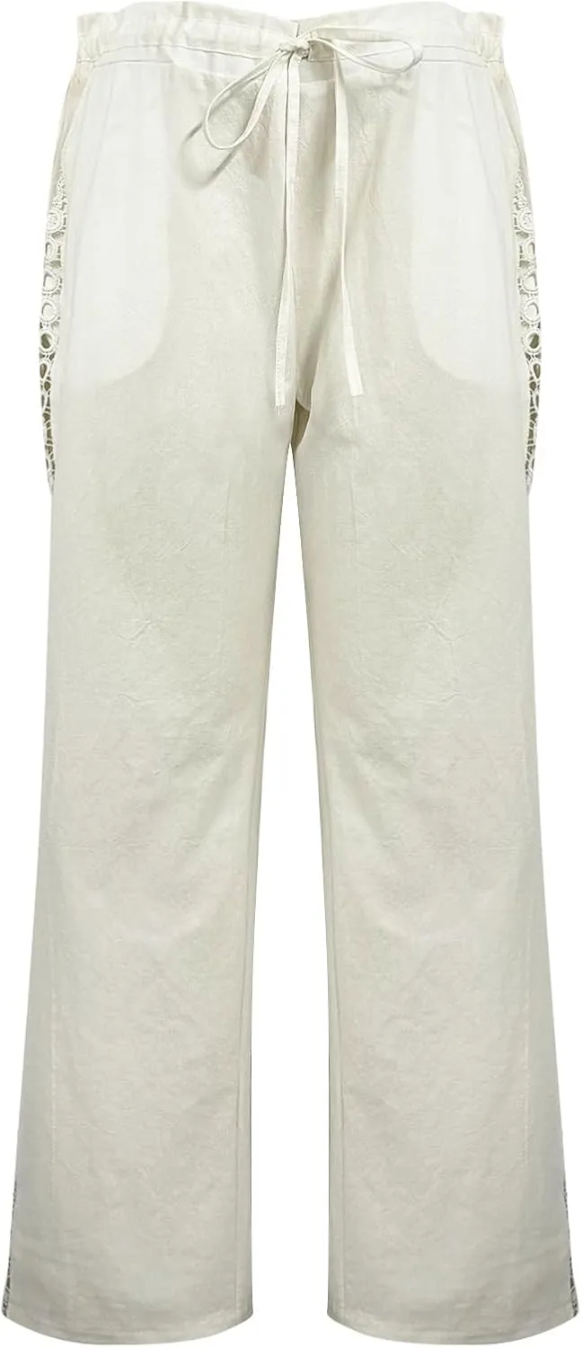 Linen Pants Women Straight Leg Summer Cotton Casual Comfort High Waist Elastic Linen Beach Pant Joggers Slacks Trouser