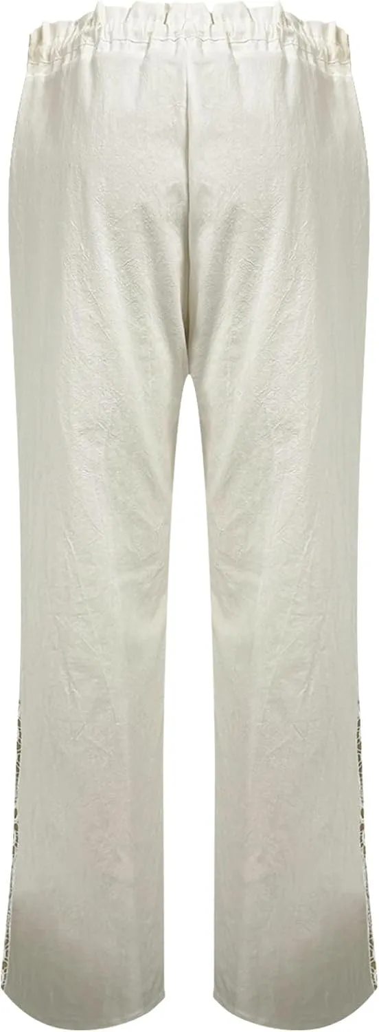 Linen Pants Women Straight Leg Summer Cotton Casual Comfort High Waist Elastic Linen Beach Pant Joggers Slacks Trouser