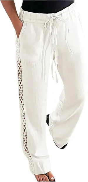 Linen Pants Women Straight Leg Summer Cotton Casual Comfort High Waist Elastic Linen Beach Pant Joggers Slacks Trouser