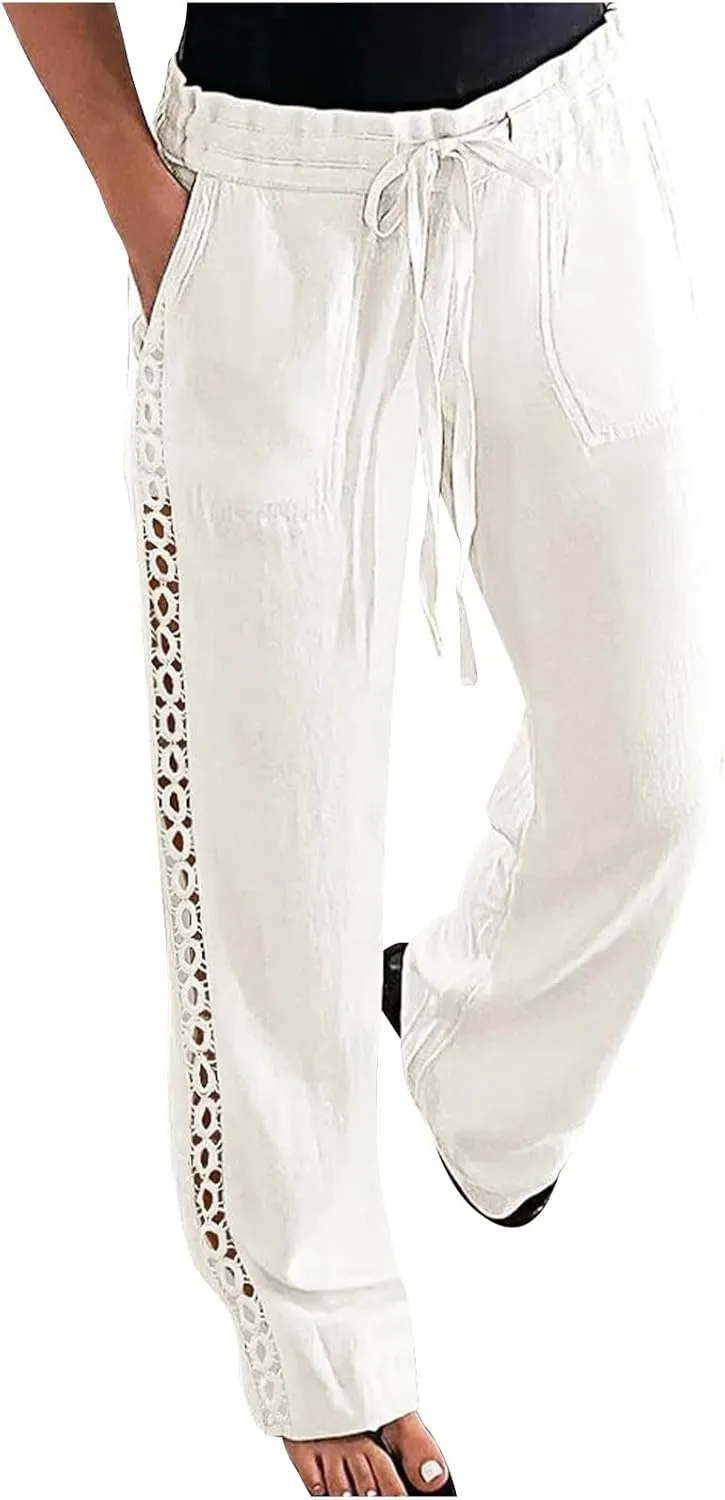 Linen Pants Women Straight Leg Summer Cotton Casual Comfort High Waist Elastic Linen Beach Pant Joggers Slacks Trouser