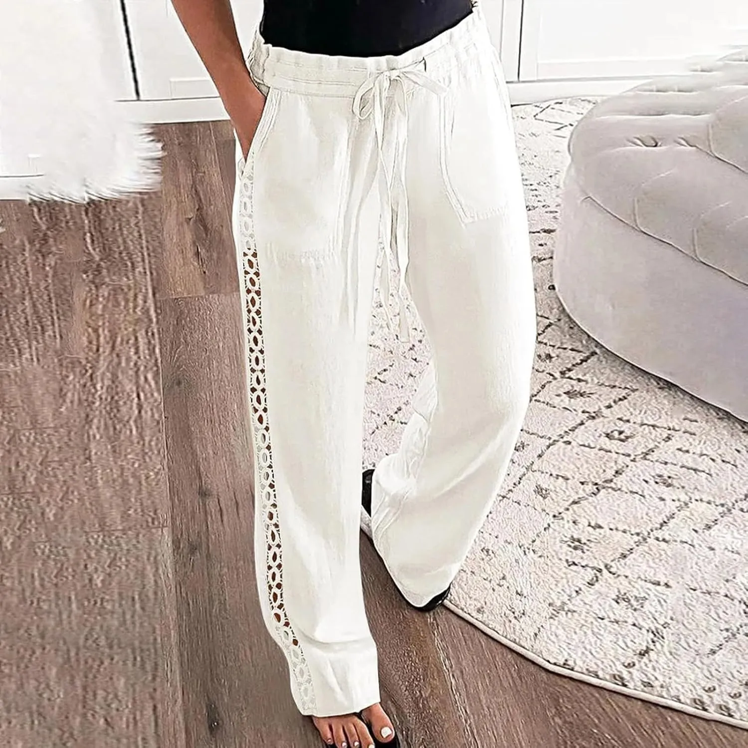Linen Pants Women Straight Leg Summer Cotton Casual Comfort High Waist Elastic Linen Beach Pant Joggers Slacks Trouser