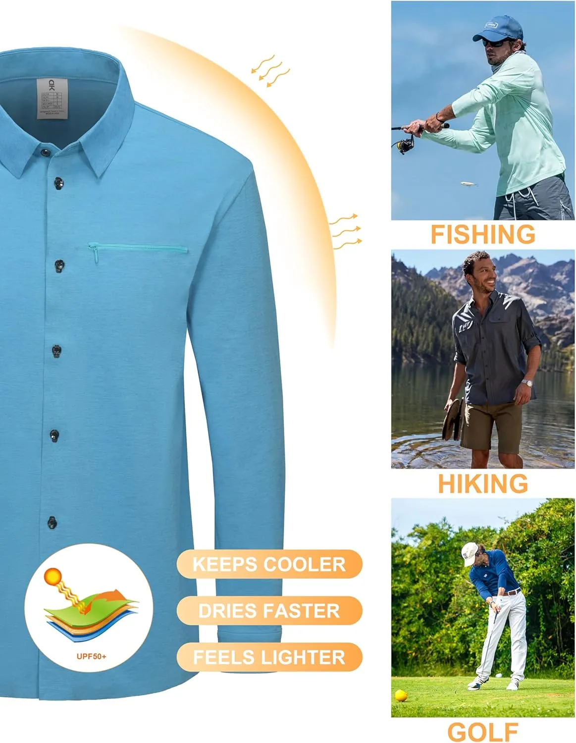 Little Donkey Andy Men's UPF 50  UV Protection Shirts, Cooling Quick-Dry Performance Fishing Shirts for Outdoor