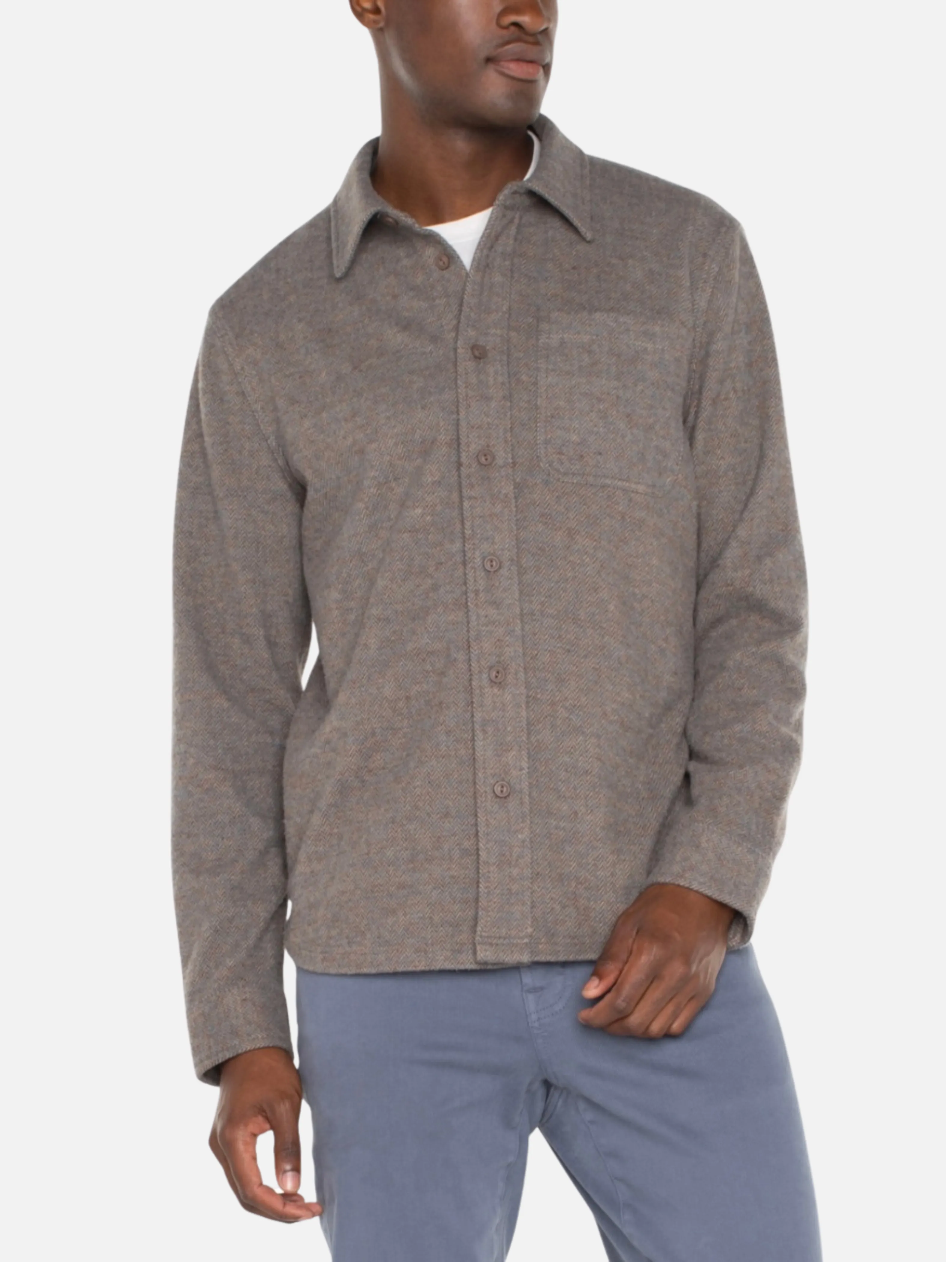 Liverpool Knit LS Button Up - Taupe/Blue