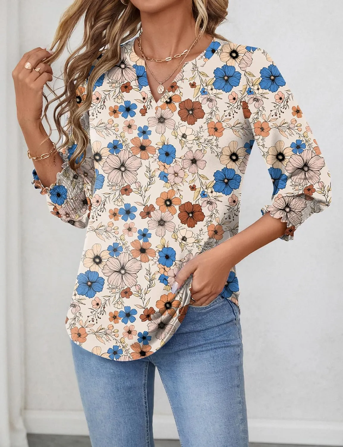 LOMON Women's 2025 Fashion Tops 3/4 Length Sleeve Business Casual Blouses Summer Tees Shirts