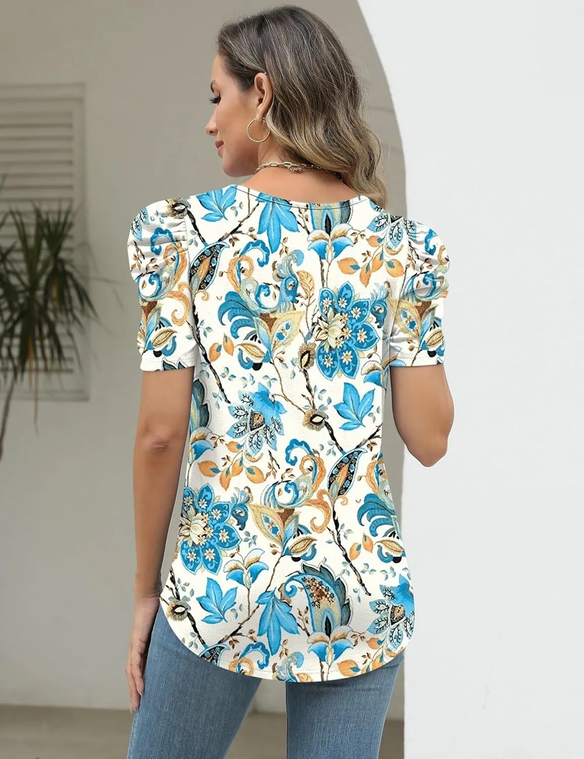 LOMON Womens Puff Short Sleeve Shirt Summer Tops V Neck Casual T Shirts Loose Fit Blouses