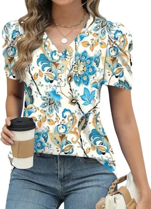 LOMON Womens Puff Short Sleeve Shirt Summer Tops V Neck Casual T Shirts Loose Fit Blouses